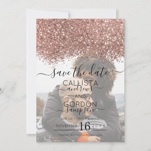 Rose Gold Pink Glitzer Confetti Foto Hochzeit Save The Date (Vorderseite)