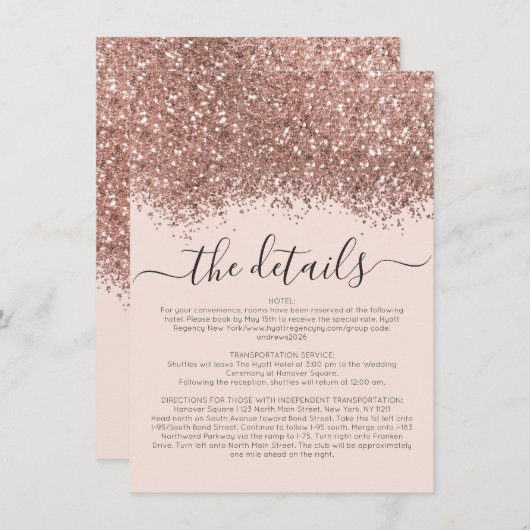 Rose Gold Pink Glitzer Confetti Hochzeit Details Begleitkarte (Vorne/Hinten)