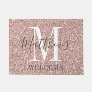 Rose Gold Pink Glitzer Monogramm Name Neuvermählte Fußmatte