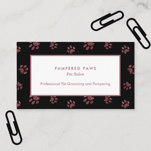 Rose Gold Pink Glitzer Paw Prints Black Pet Salon Visitenkarte
