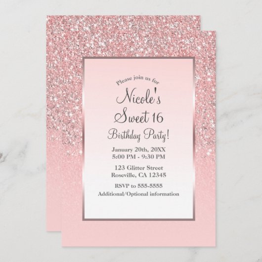 Rose Gold Pink Glitzer Shine Sweet 16 Party Einladung (Vorne/Hinten)