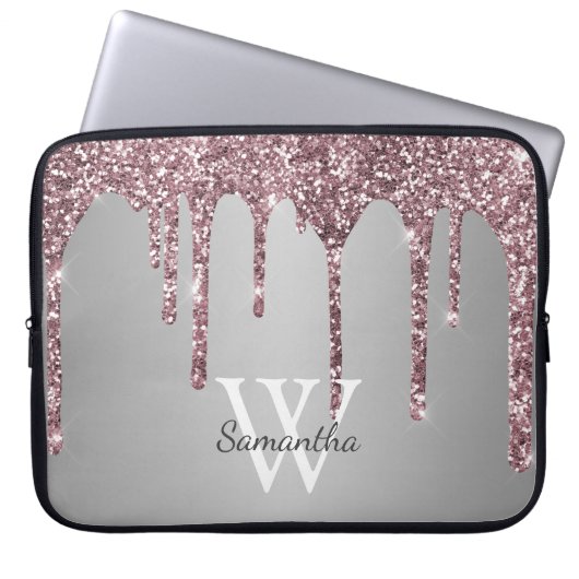 Rose Gold Pink Glitzer Tropfen Silver Monogram Nam Laptopschutzhülle (Vorderseite)