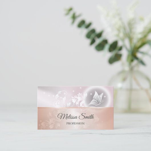 Rose Gold Pink Grau | Floral Butterfly Visitenkarte (Stehend Vorderseite)