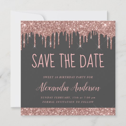 Rose Gold Pink Gray Glitzer Sweet 16 Save the Date Einladung (Vorderseite)