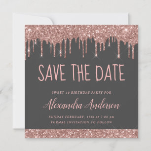Rose Gold Pink Gray Glitzer Sweet 16 Save the Date Einladung