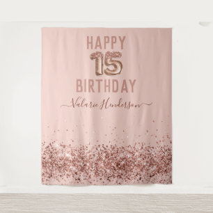 Rose Gold Pink Happy 15th Birthday Tapete Wandteppich