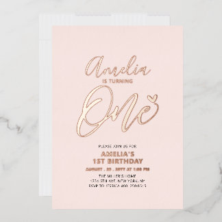 Rose Gold & Pink Heart One 1st Girl Birthday Party Folieneinladung