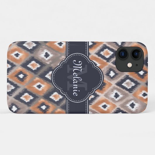 Rose Gold Pink Ikat Pattern Navy Monogram Case-Mate iPhone Hülle (Rückseite (Horizontal))