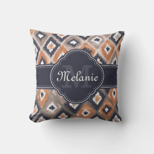 Rose Gold Pink Ikat Pattern Navy Monogram Kissen