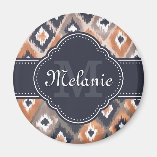 Rose Gold Pink Ikat Pattern Navy Monogram Magnet (Vorne)