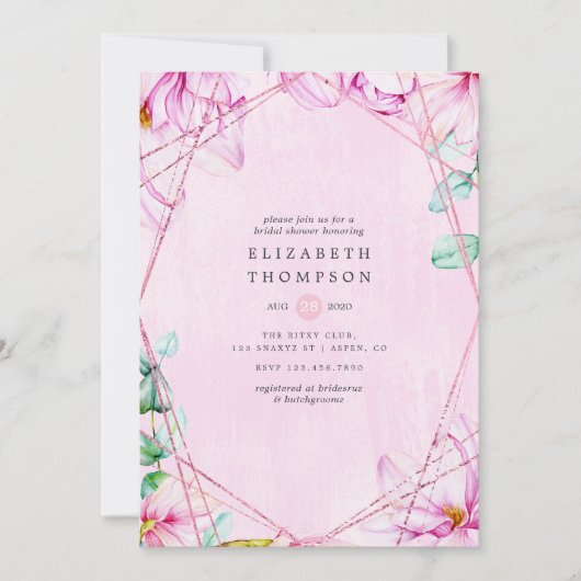 Rose Gold & Pink Magnolia Geometrisches Brautparty Einladung (Vorderseite)