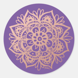 Rose Gold Pink Mandala Blume auf Lila Runder Aufkleber