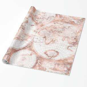 Rose Gold Pink Metall Glitter Antik Weltkarte Geschenkpapier