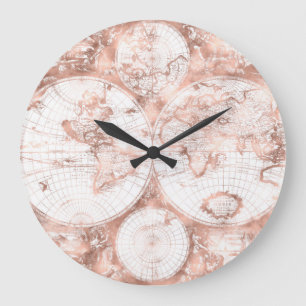 Rose Gold Pink Metall Glitter Antik Weltkarte Große Wanduhr