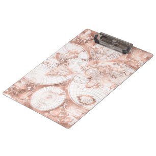Rose Gold Pink Metall Glitter Antik Weltkarte Klemmbrett