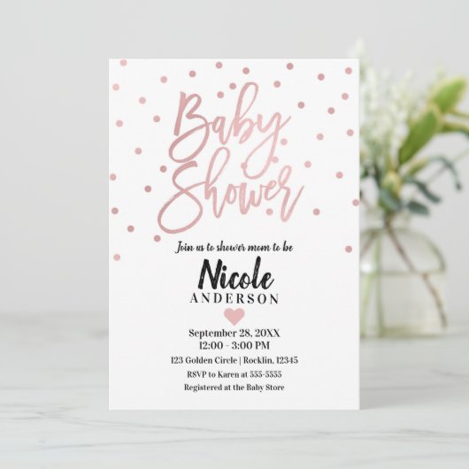 Rose Gold Pink Moderne Script Baby Dusche Einladung (Stehend Vorderseite)