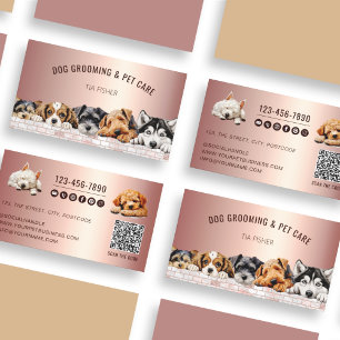 Rose Gold Pink QR Code Social Media Dog Grooming Visitenkarte