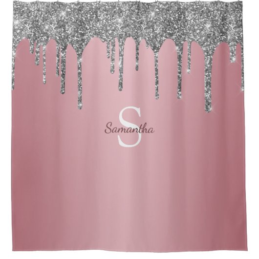 Rose Gold Pink Silber Glitzer Tropfen Monogramm Na Duschvorhang (Vorderseite)