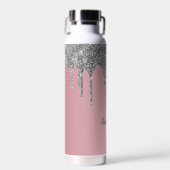 Rose Gold Pink Silber Glitzer Tropfen Monogramm Na Trinkflasche (Vorne)