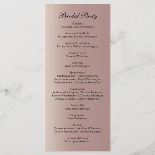 Rose Gold Pink Trendy Modernes Hochzeitsprogramm Menükarte (Rückseite)