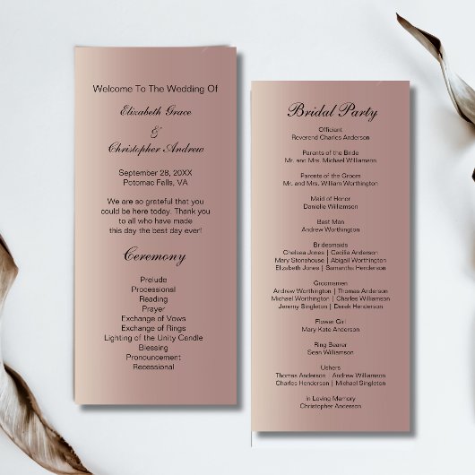 Rose Gold Pink Trendy Modernes Hochzeitsprogramm Menükarte