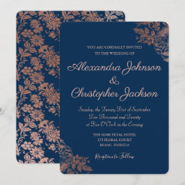Rose Gold Pink und Navy Blue Floral Rose Hochzeit Einladung