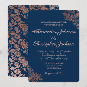 Rose Gold Pink und Navy Blue Floral Rose Hochzeit Einladung