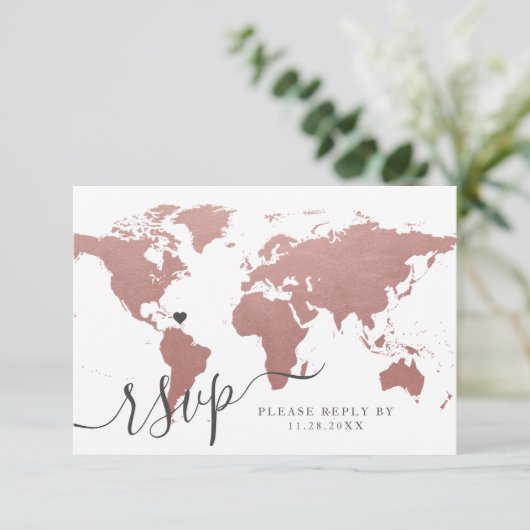 Rose Gold Pink Weltkarte Thema RSVP Karte (Stehend Vorderseite)