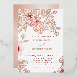 Rose Gold Pinke Kirschblüten-Hochzeit Folieneinladung