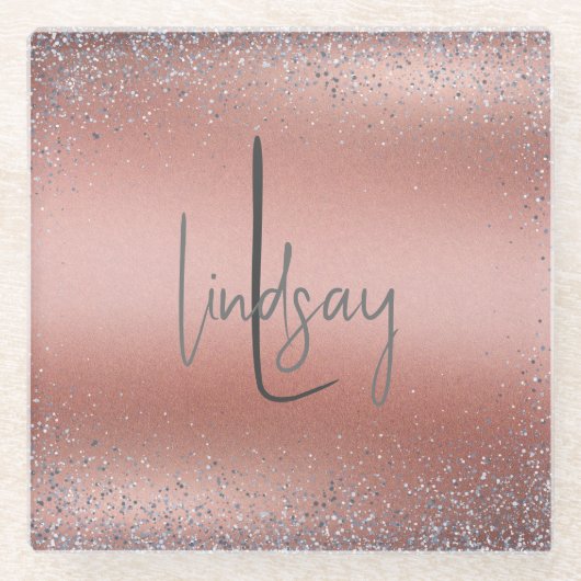 Rose Gold Pinsel Glitzer Monogram | Glasuntersetzer (Vorderseite)