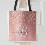 Rose Gold Pinsel Glitzer Monogram Name Tasche<br><div class="desc">Dieses schicke Tote-Taschendesign mit hübschem vergoldetem Glitzer aus Rose auf einer Rose mit goldgebürstetem metallischem Hintergrund ist einfach zu personalisieren.</div>