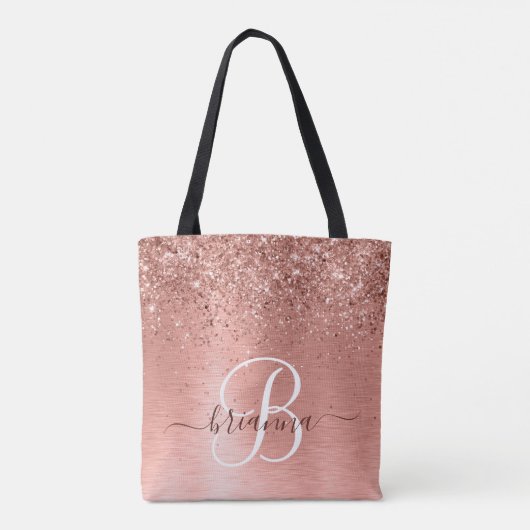 Rose Gold Pinsel Glitzer Monogram Name Tasche (Rückseite)