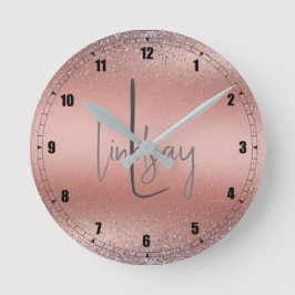 Rose Gold Pinsel Glitzer Monogram | Runde Wanduhr