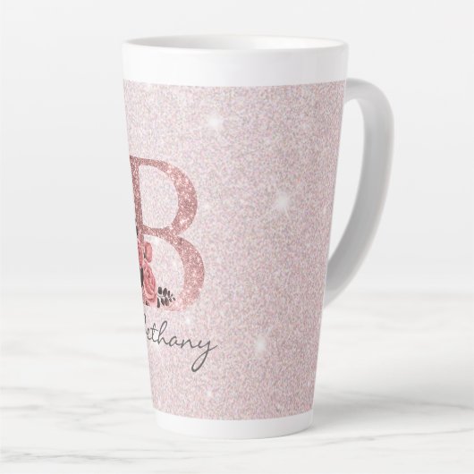 Rose Gold Pinsel Glitzer Monogramm Name Latte Tass Milchtasse (Rechte Ecke)