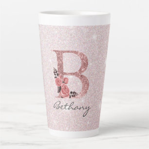 Rose Gold Pinsel Glitzer Monogramm Name Latte Tass Milchtasse