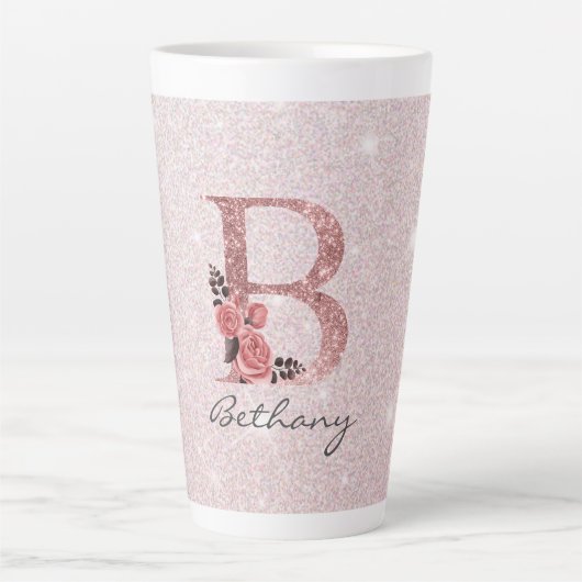 Rose Gold Pinsel Glitzer Monogramm Name Latte Tass Milchtasse (Vorderseite)