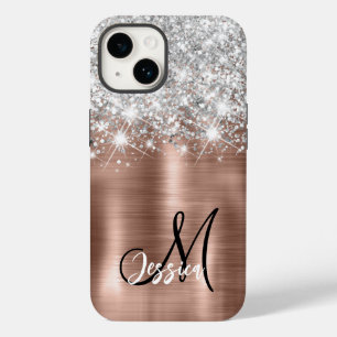 Rose Gold Pinselmetall Silber Glitzer Monogramm Case-Mate iPhone 14 Hülle