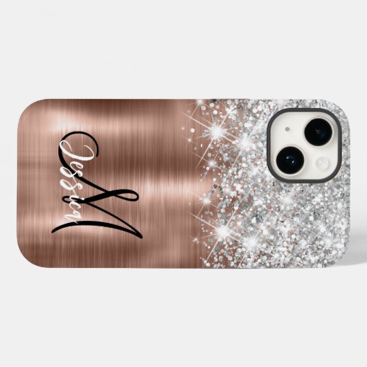 Rose Gold Pinselmetall Silber Glitzer Monogramm Case-Mate iPhone Hülle (Rückseite (Horizontal))