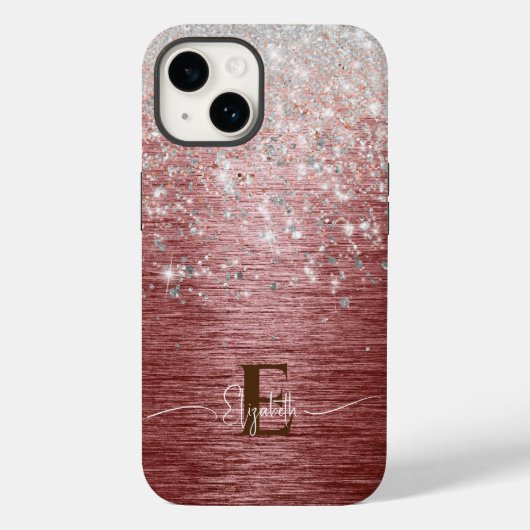 Rose Gold Pinselmetall Silber Glitzer Monogramm Case-Mate iPhone Hülle (Rückseite)