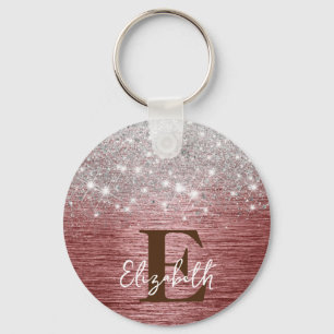 Rose Gold Pinselmetall Silber Glitzer Monogramm Schlüsselanhänger