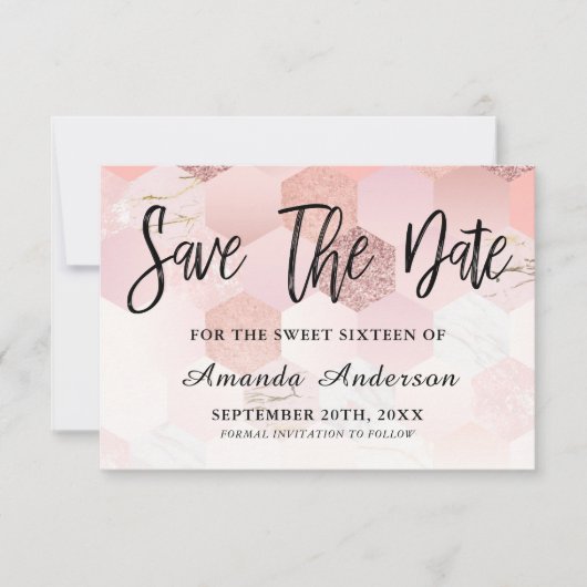 Rose Gold Pinselschrift Sweet 16 Save The Date (Vorderseite)