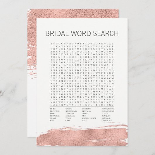 Rose Gold Pinselstrich Bridal Word Search Game Einladung (Vorne/Hinten)