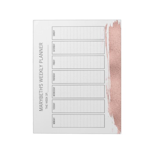 Rose Gold Pinselstrich Wochenplaner Notepad Notizblock (Rotiert)