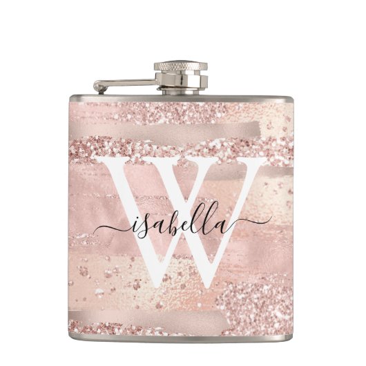 Rose Gold Pinselstriche Schlagzeilen Script Mit Mo Flachmann (Vorderseite)