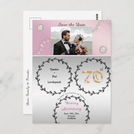 Rose Gold Platin 70 Jahre Jubiläum Save the Date Postkarte (Vorne/Hinten)