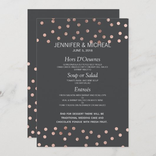 Rose Gold Polka Dots Charcoal Black Wedding Menu Menükarte (Vorne/Hinten)