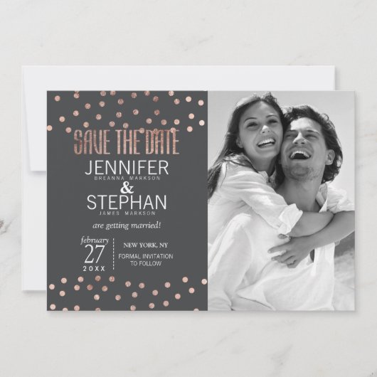 Rose Gold Polka Dots Holzkohle Save the Date schwa (Vorderseite)