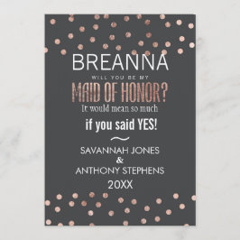 Rose Gold Polka Dots Holzkohle Schwarze Trauzeugin Einladung