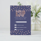 Rose Gold Polka Dots Light Navy Blue RSVP Cards (Stehend Vorderseite)