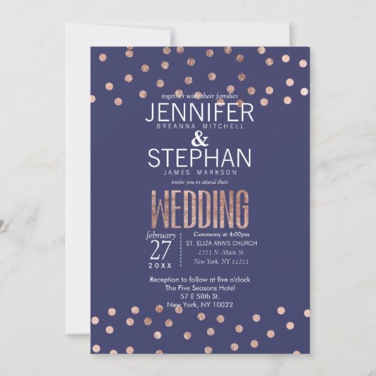 Rose Gold Polka Dots Light Navy Blue Wedding Einladung (Vorderseite)